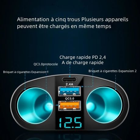 Adaptateur allume cigare chargeur voiture avec affichage numérique