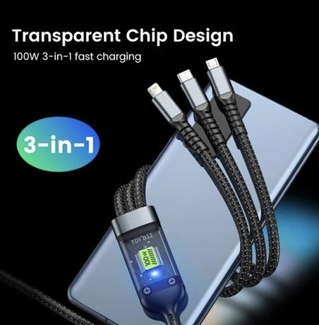 Câble de charge rapide USB vers Type-C, 3 en 1, 100W, 5A