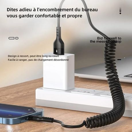 Câble de charge rapide lot de 3, type C/USB spiralé